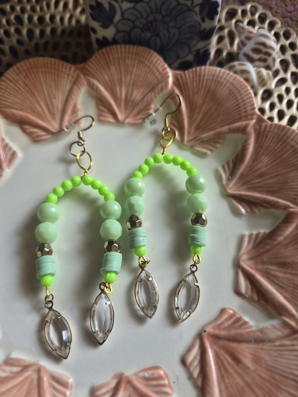 Neon Lime & Mint Beaded Hoop Earrings with Clear Crystal Drops